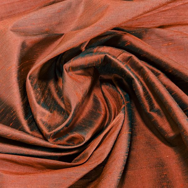 Dupion-silkki, käsinkudottu - Ruosteenpunainen & vihreä