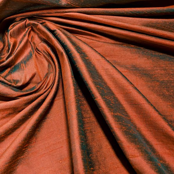 Dupion-silkki, käsinkudottu - Ruosteenpunainen & vihreä