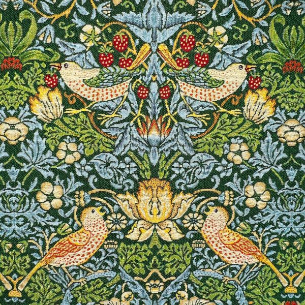 Gobeliinikangas - William Morris - Strawberry Thief, tummanvihreä