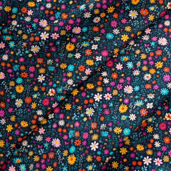 Painettu kapearaitainen needlecord vakosametti, täyspuuvilla - Retrokukat