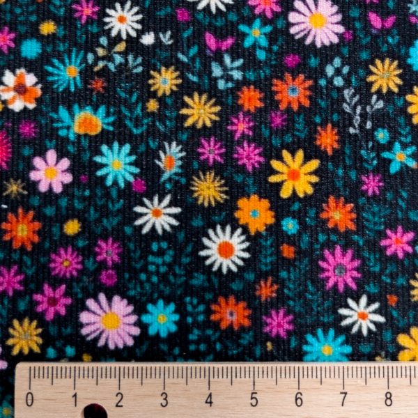 Painettu kapearaitainen needlecord vakosametti, täyspuuvilla - Retrokukat